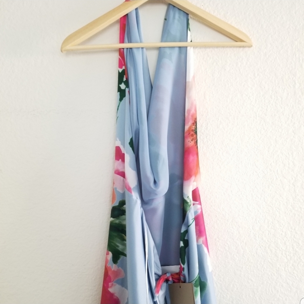 ADE' Floral Halter Asymmetric High Low Maxi Dress Size 6 Baby Blue Pink - Picture 8 of 10
